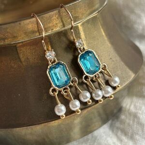 Vintage Inspired Gold Blue Stone Pearl Dangle Earrings